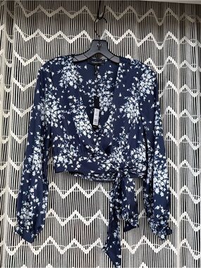 BCBG Navy Blue Floral Wrap Blouse